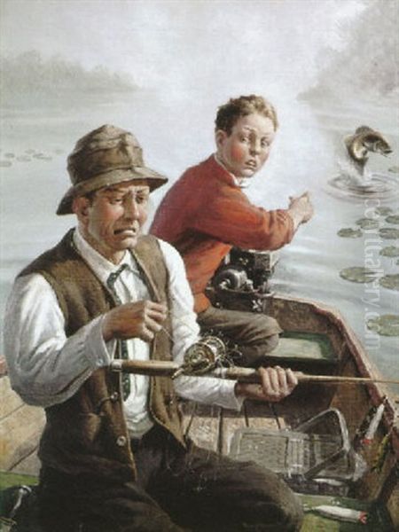 Fisherman Encounters A Sticky Reel As Fish Leaps Oil Painting by William Harnden Foster