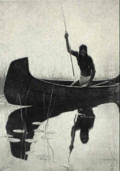 Native American Spear Fishing From Canoe Oil Painting by William Harnden Foster