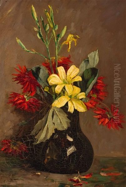 Dahlias Et Lys Jaunes Oil Painting by Guillaume Romain Fouace