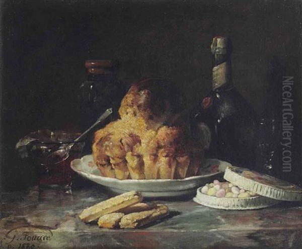 A Bundt Cake, A Glass Bowl With Confiture, A Bottle Of Dom Benedictine Liqueur And A Tin Of Pastilles And Eclairs Oil Painting by Guillaume Romain Fouace