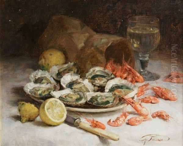 Nature Morte Aux Huitres Et Aux Crevettes Oil Painting by Guillaume Romain Fouace