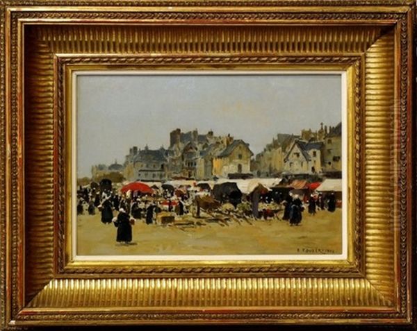 Market In A Provincial Town Oil Painting by Emile-Louis Foubert