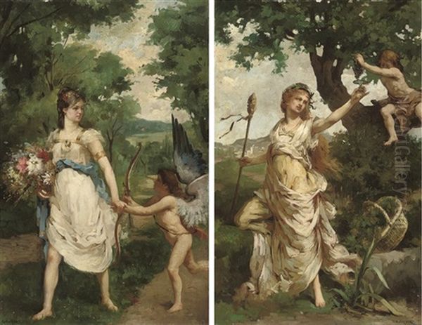 Venus And Cupid (+ An Allegory Of Summer; Pair) Oil Painting by Emile-Louis Foubert