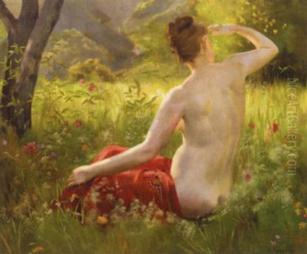 Nude In A Summer Landscape Oil Painting by Emile-Louis Foubert