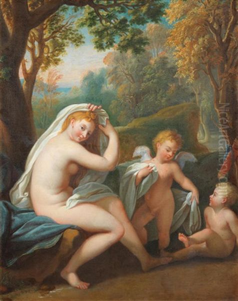 Venus And Cupid In A Landscape Oil Painting by Nicolas Fouche