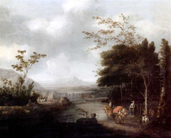 Huntsmen In A Wooded Landscape, A Waterfall And Mountains Beyond Oil Painting by Paulus de Fouchier