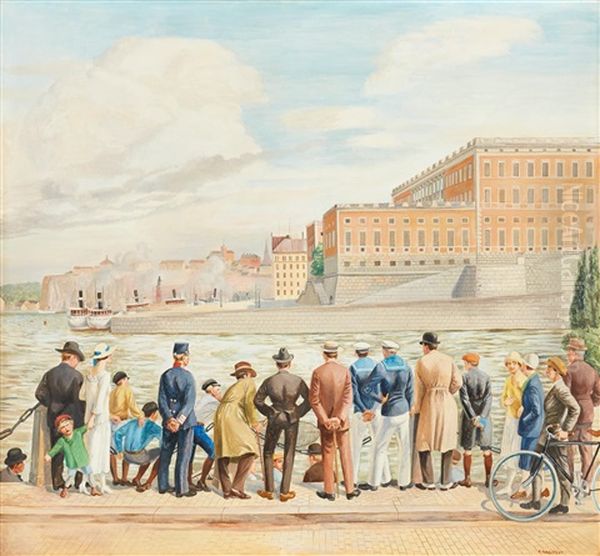 Folksamling Pa Stromkajen Med Vy Mot Stockholms Slott Oil Painting by Arvid Fougstedt