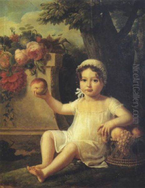 Portrait D'enfant A La Corbeille De Fruits Dans Un Paysage Oil Painting by Lucille Foullon