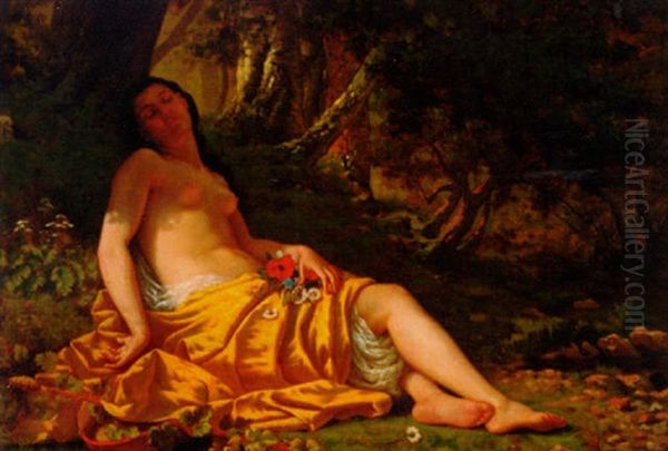 A Maiden Reclining In A Wooded Landscape Oil Painting by Alfred Charles Foulongne