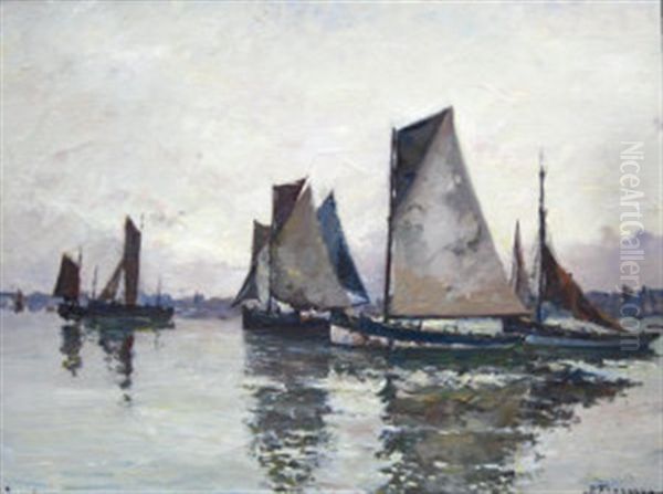 Fishing Vessels In A Tranquil Harbor Oil Painting by Robert Henry Fouques