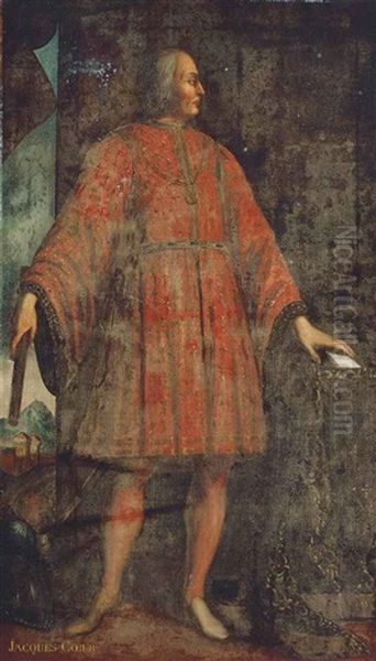 Portrait Of Jacques Coeur (bourges C. 1395-1461 Chios), Standing Full-length In An Interior, Wearing A Red Fleur-de-lys Embroidered Costume, A Town Beyond Oil Painting by Jean Fouquet