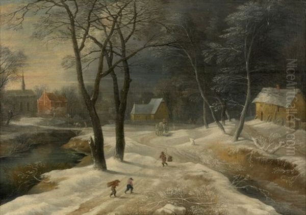 Paysage D'hiver Anime De Personnages Oil Painting by Jacques Fouquieres