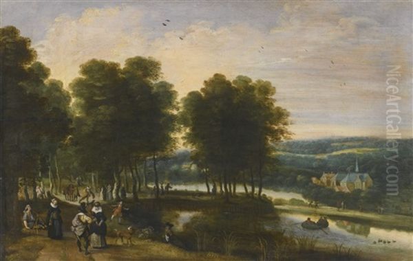 Elegant Figures Walking Beside A Lake In A Wooded Landscape Oil Painting by Jacques Fouquieres