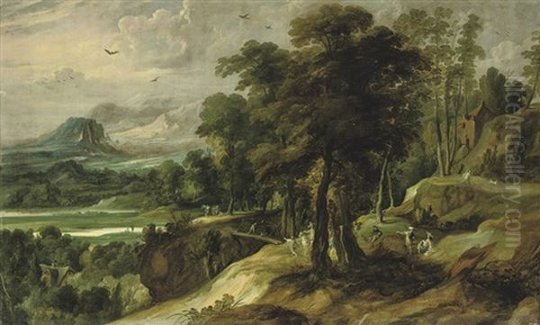 An Extensive River Landscape With The Angel Appearing To Balaam's Ass Oil Painting by Jacques Fouquieres