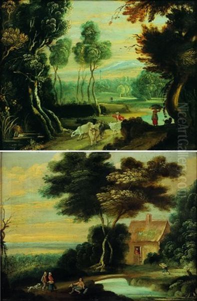 Paysage De La Campagne Flamande Animes De Paysans (+ Another, Similar; Pair) Oil Painting by Jacques Fouquieres