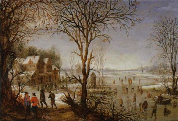 Paysage D'hiver Avec Patineurs by Jacques Fouquieres