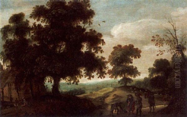 A Wooded Landscape With Sportsmen On A Path Near A Farm by Jacques Fouquieres