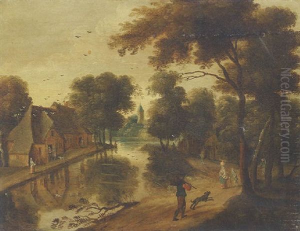 A River Landscape With Cottages And Peasants Oil Painting by Jacques Fouquieres