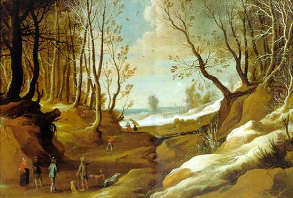 Grose Winterlandschaft Mit Bauern, Jagern Und Holzsammlern Oil Painting by Jacques Fouquieres