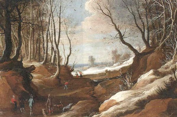 A Winter Landscape With Faggot Gatherers And Travellers On A Path Oil Painting by Jacques Fouquieres