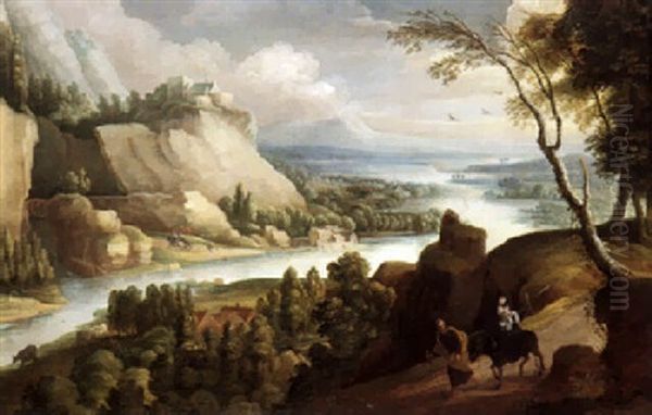 Die Hl. Familie Auf Der Flucht Nach Agypten Vor Einer Weiten Flusslandschaft Oil Painting by Jacques Fouquieres