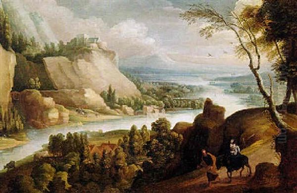 Die Hl. Familie Auf Der Flucht Nach Agypten Vor Einer Weiten Flusslandschaft Oil Painting by Jacques Fouquieres