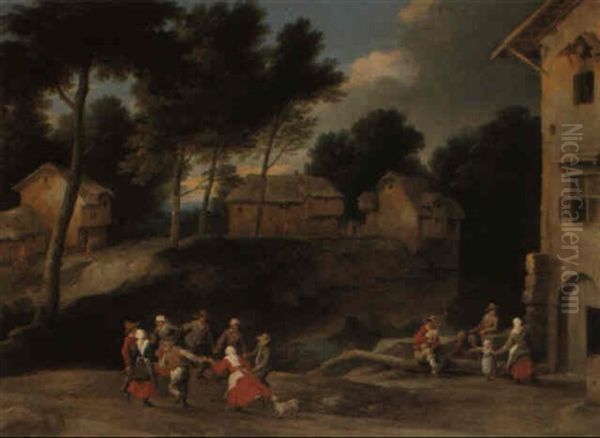 Village Scene With Peasants Dancing Oil Painting by Jacques Fouquieres