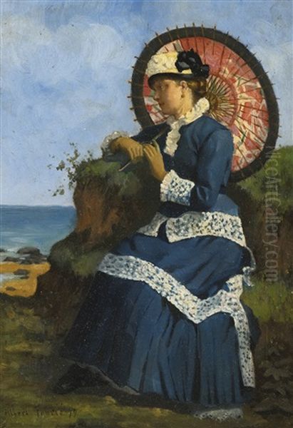 An Elegant Lady By The Shore With A Pink Parasol Oil Painting by Albert Auguste Fourie