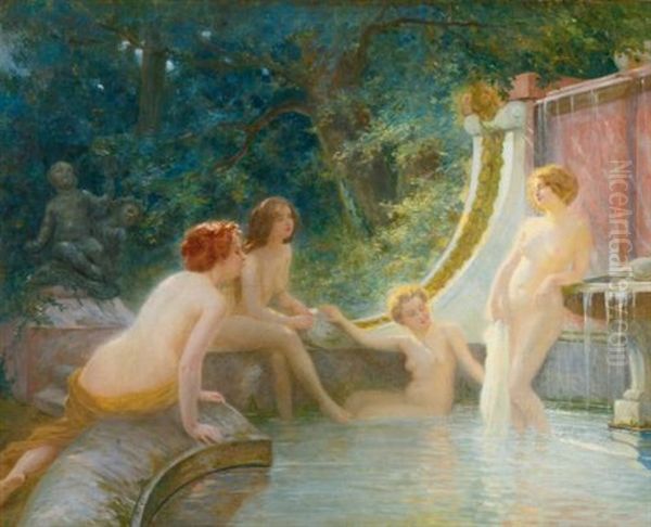 Young Bathers In A Fountain Oil Painting by Albert Auguste Fourie