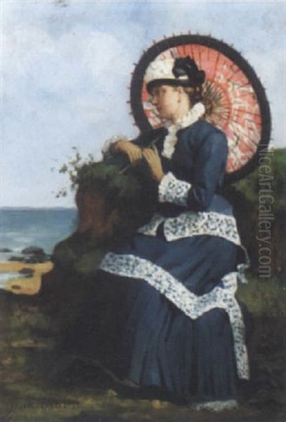 An Elegant Lady By The Shore With A Pink Parasol Oil Painting by Albert Auguste Fourie