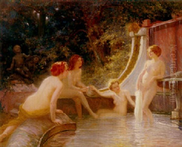 Young Bathers In A Fountain Oil Painting by Albert Auguste Fourie