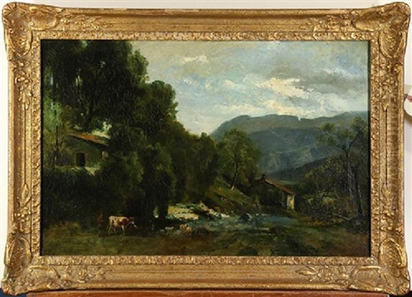 Pastoral Farm Scene With Figures And Livestock Oil Painting by Theodore Fourmois