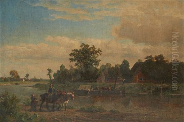 Haleurs Au Bord De La Riviere Oil Painting by Theodore Fourmois