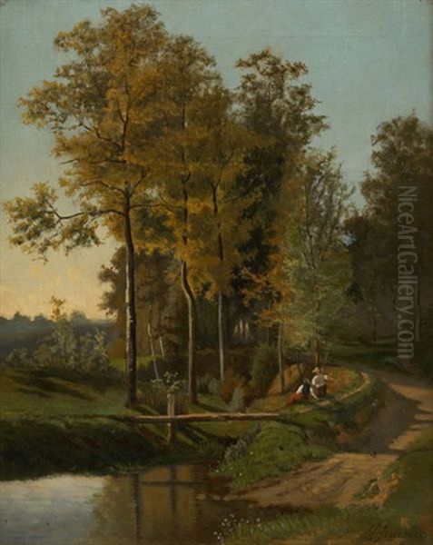 Pecheurs Au Bord De La Riviere Oil Painting by Theodore Fourmois