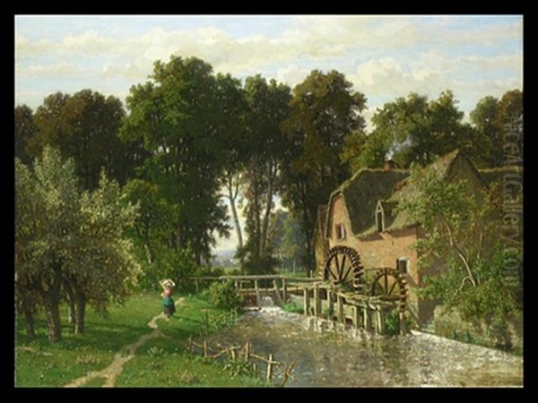 Landschaft Mit Wassermuhle Am Bachlauf Unter Baumen, Mit Jungen Madchen Mit Waschekorb Uber Den Schultern Oil Painting by Theodore Fourmois