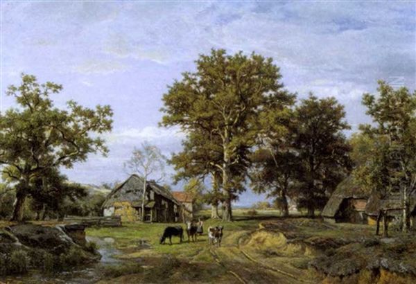 Paysage Arbore Et Anime D'une Ferme Et D'animaux Oil Painting by Theodore Fourmois