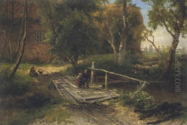 Kinder Auf Der Holzbrucke Oil Painting by Theodore Fourmois