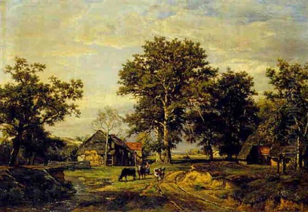 A Peasant Woman And Cows Near A Farm Oil Painting by Theodore Fourmois