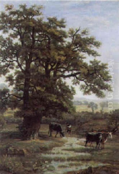 Koeienhoeder Bij De Drinkplaats Oil Painting by Theodore Fourmois