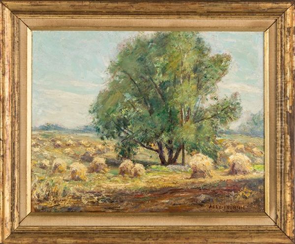 Landscape With Haystacks Oil Painting by Alexis Jean Fournier