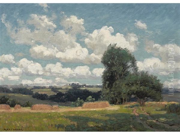 Haystacks And Trees Under Scattered Clouds Oil Painting by Alexis Jean Fournier