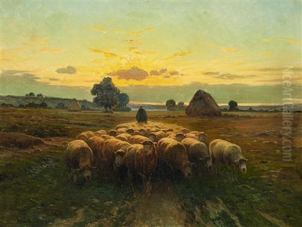 A Herd Of Sheep At Sunset Oil Painting by Alexis Jean Fournier