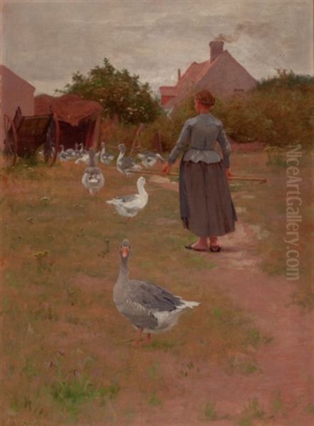 French Woman Feeding Her Geese Oil Painting by Alexis Jean Fournier