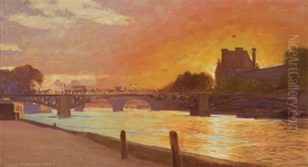 A Bridge Over The Seine River Oil Painting by Alexis Jean Fournier