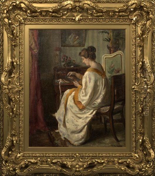 An Interior With A Lady Seated At Her Desk Oil Painting by Alfred Victor Fournier