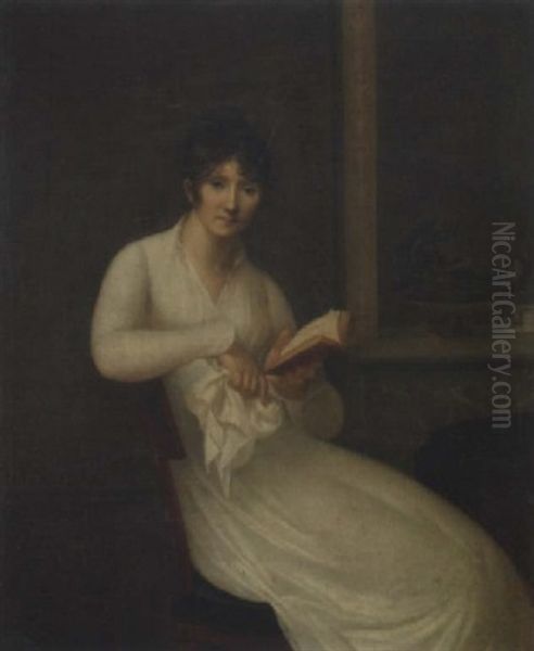 Jeune Femme Assise Tenant Un Livre Pres D'une Cheminee Oil Painting by Charles Fournier