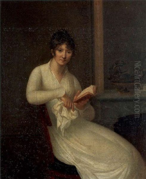 Jeune Femme Assise Tenant Un Livre Pres D'une Cheminee Oil Painting by Charles Fournier