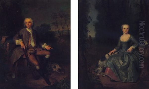 A Portrait Of A Gentleman, Seated And Wearing Hunting Dress Oil Painting by Jean Fournier