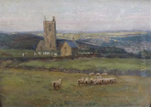 Sheep In A Churchside Meadow Oil Painting by A. Moulton Foweraker