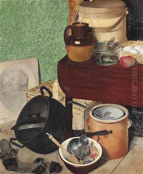 An Earthenware Jug, Glass Bowl, A Basket Of Eggs And A Wooden Case On A Table, With An Iron Pan, Kitchen Utensils And A Wicker Basket, Sandals And A Bust Relief In An Interior Oil Painting by Thomas Fowke